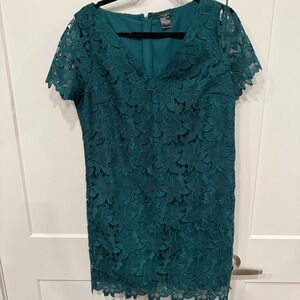 Ann Taylor Petite Lace Sheath Dress Emerald Green V-Neck Short Sleeve Formal 14P